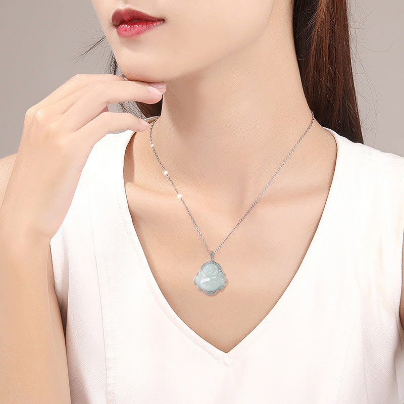 Collier Buddha Stones rieur en jade naturel, symbole d'abondance, avec chaîne en acier titane et pierres de Bouddha - image 2