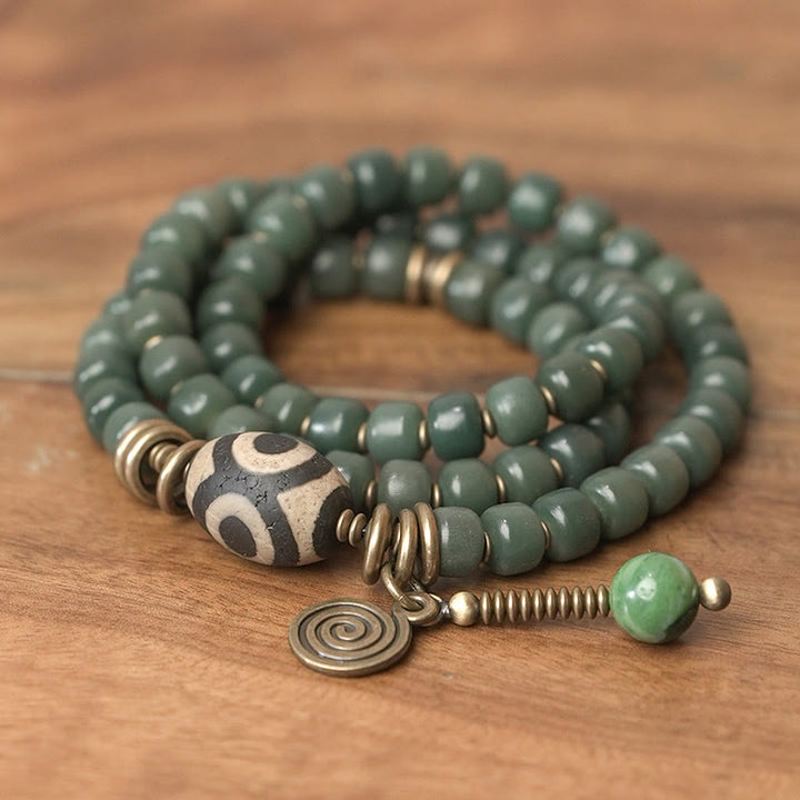 Bracelet triple tour en perles de Bodhi Dzi cyan avec perles de sagesse et de paix