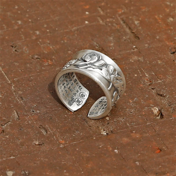 Bague porte-bonheur en argent sterling 999 Buddha Stones et poisson Koi, lotus, cœur, Sutra de la richesse