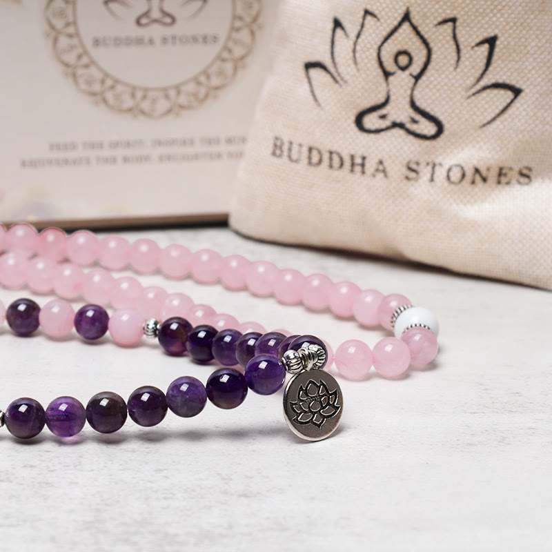 Bracelet Mala en perles de quartz rose et améthyste naturelles avec pendentif lotus Buddha Stones
