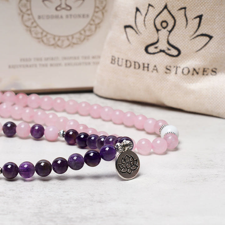 Bracelet Mala en perles de quartz rose et améthyste naturelles avec pendentif lotus Buddha Stones