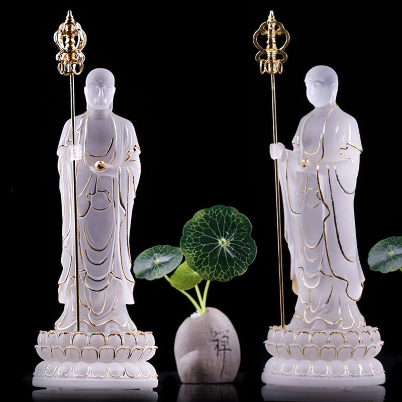 Buddha Stones faites à la main Ksitigarbha Bodhisattva Figurine Liuli Cristal Pièce d'art Statue de sérénité Décoration de la maison