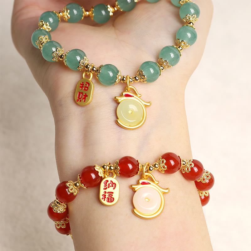 Bracelet porte-bonheur avec boucle de paix et personnage Fu en agate rouge et aventurine verte de l'année du Buddha Stones