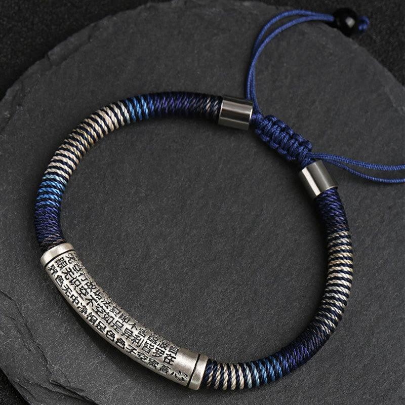 Bracelet tressé fait main en argent sterling 999 Buddha Stones et cœur Sutra Calme