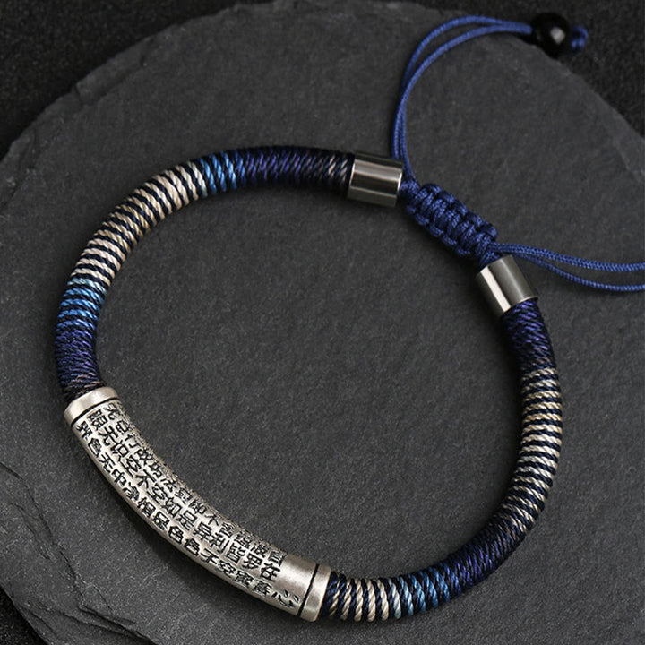 Bracelet tressé fait main en argent sterling 999 Buddha Stones et cœur Sutra Calme