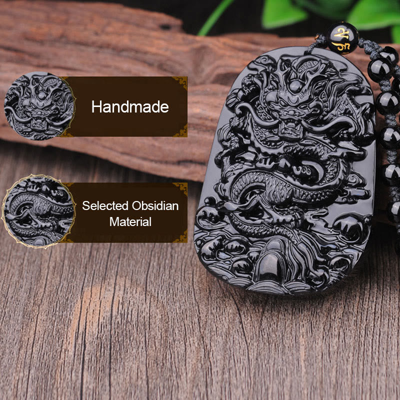 Collier avec pendentif en obsidienne noire représentant un dragon accompli et des Buddha Stones - image 8