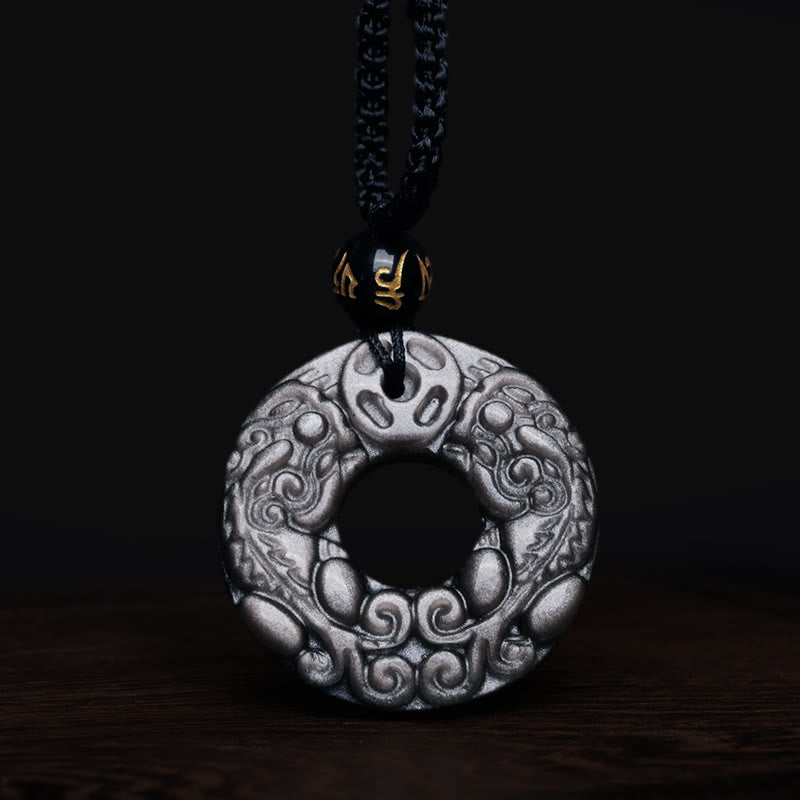 Buddha Stones en obsidienne argentée naturelle et double pièce de cuivre PiXiu avec boucle de paix et protection - image 7