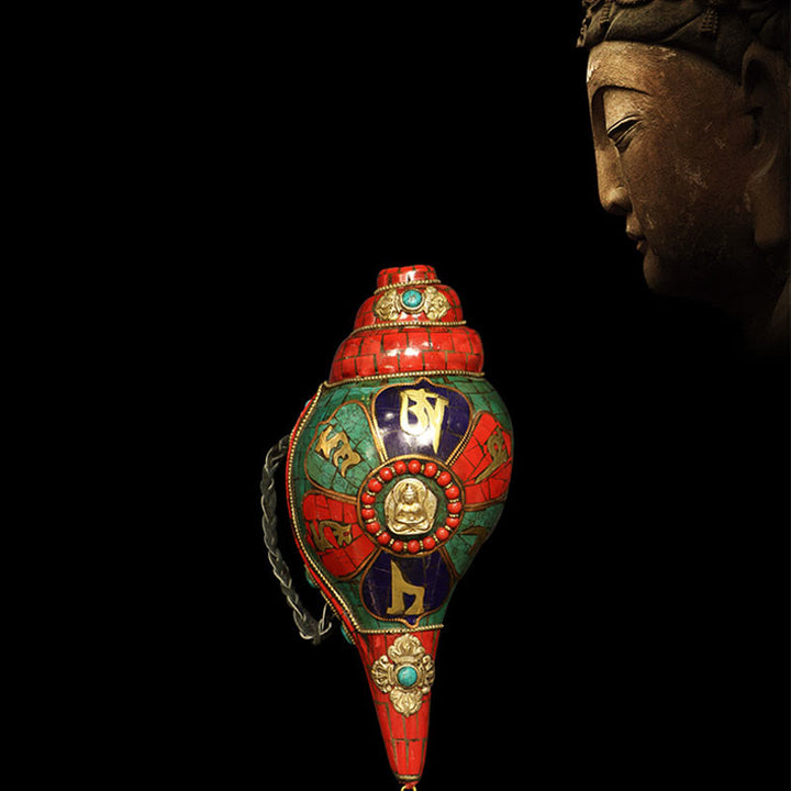 Décoration porte-bonheur tibétaine faite à la main, Shankha Om Mani Padme Hum, coquille de conque de bouddha - 23 cm - image 0