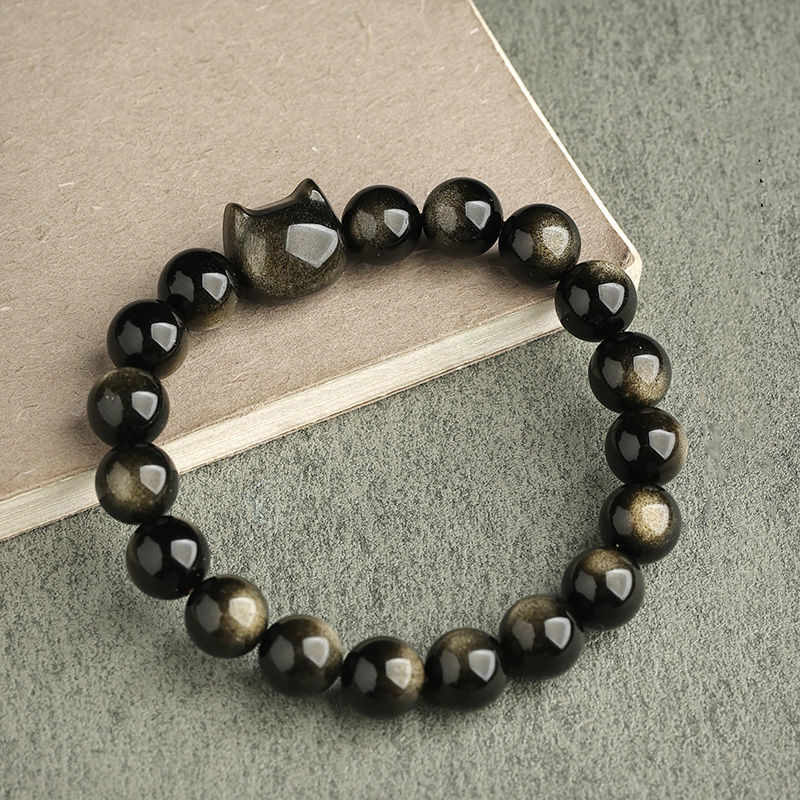 Bracelet de protection porte-bonheur en obsidienne dorée et argentée avec Buddha Stones et jolie patte de chat porte-bonheur - Obsidienne à reflets dorés - Tête de chat - 10 mm - image 9