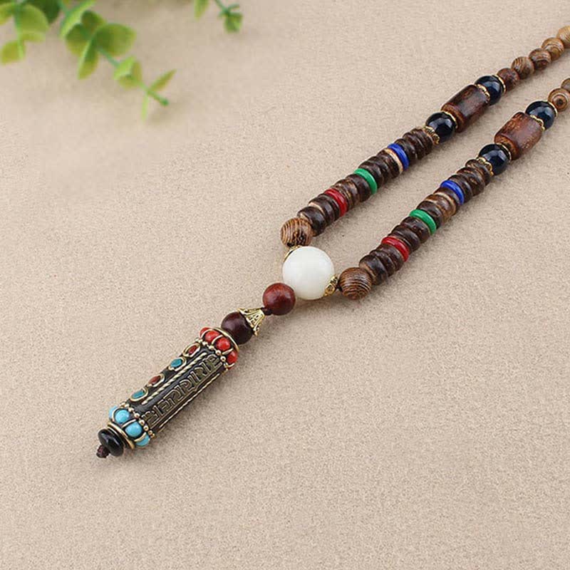 Buddha Stones tibétain Om Mani Padme Hum Dzi perle wengé bois collier pendentif