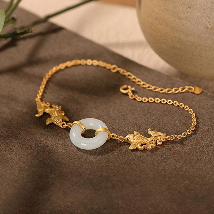 Bracelet de prospérité en jade blanc et poisson koï Buddha Stones