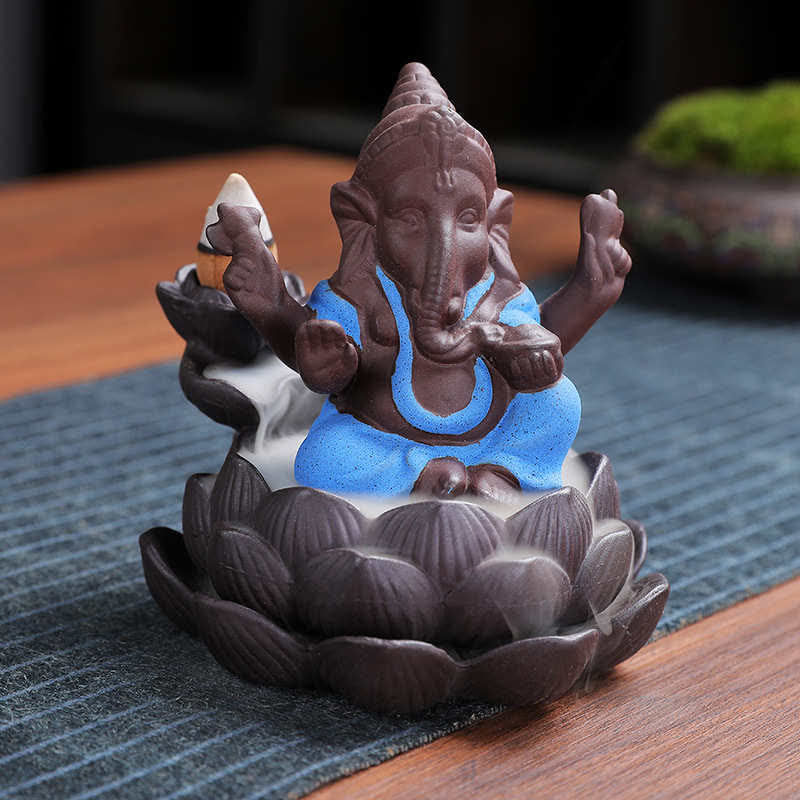 Brûleur d'encens à reflux en argile violette avec protection contre la fumée de l'éléphant Ganesh