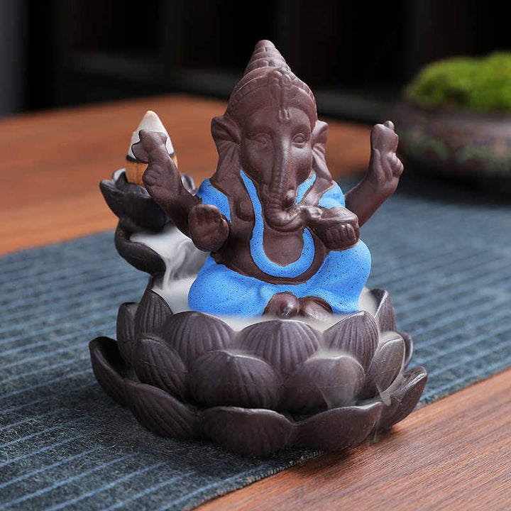 Brûleur d'encens à reflux en argile violette avec protection contre la fumée de l'éléphant Ganesh