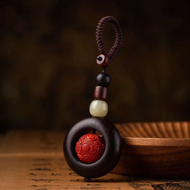 Buddha Stones Tibet Om Mani Padme Hum PiXiu Pièce de cuivre Petite feuille Bois de santal rouge Cinabre Protection Porte-clés