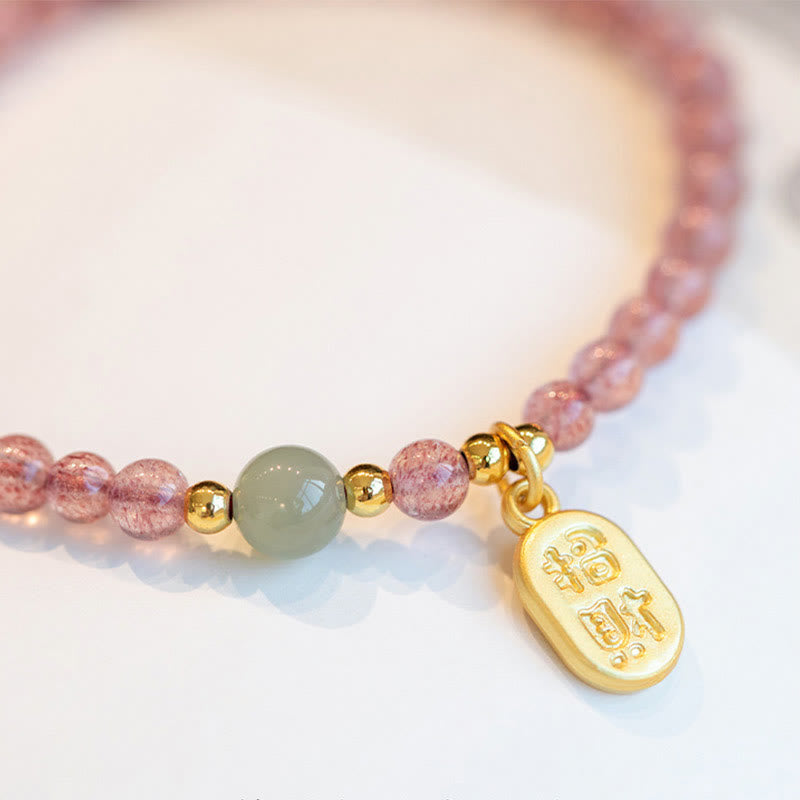 Bracelet porte-bonheur en Buddha Stones, quartz fraise, grenat, jade, caractère Fu