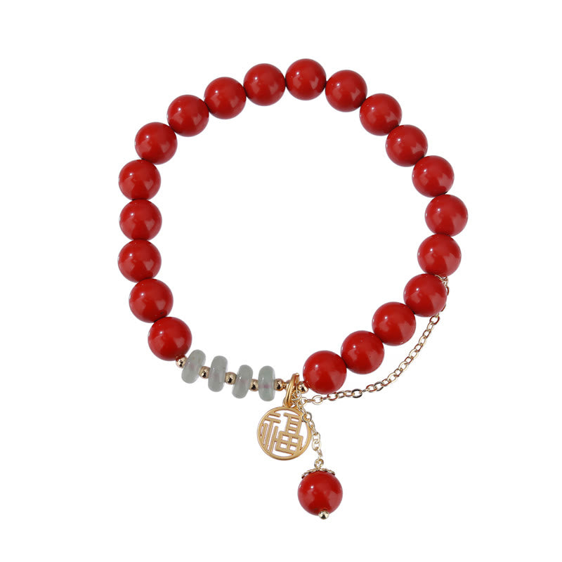 Bracelet de jade apaisant de caractère Fu de bon augure avec Buddha Stones en cinabre