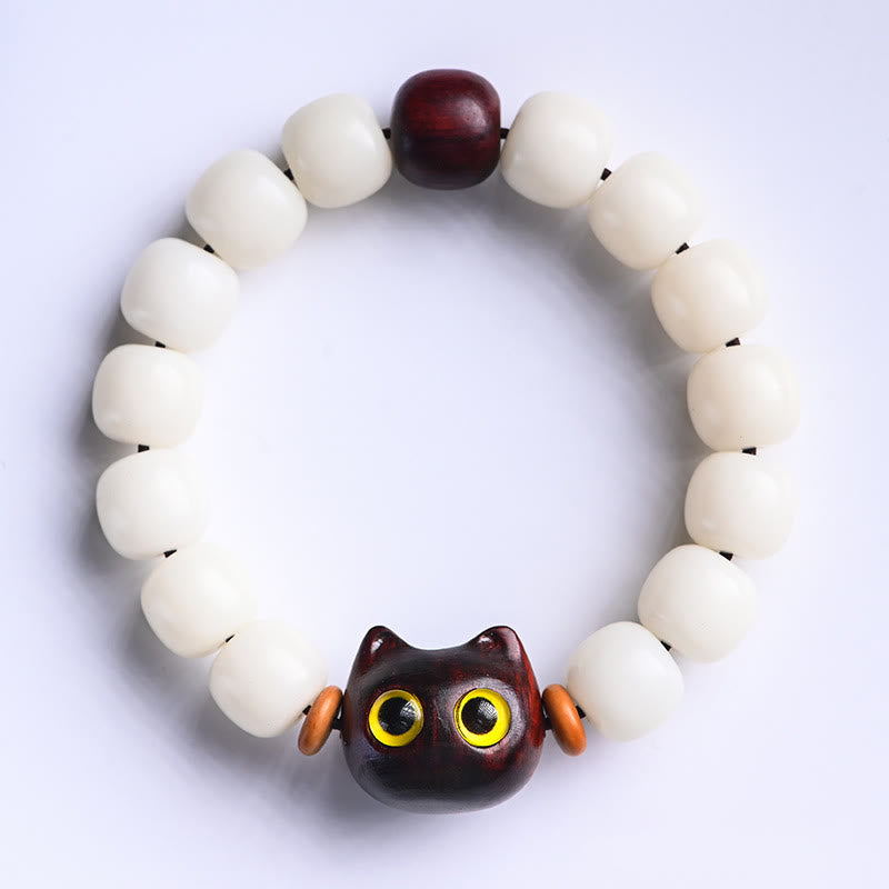 Bracelet de sagesse en Buddha Stones, graine de Bodhi naturelle, petite feuille, bois de santal rouge, bois d'ébène, joli chat porte-bonheur - Chat porte-bonheur en bois de santal rouge à petites feuilles et graines de Bodhi (circonférence du poignet 14-16 cm) - image 2