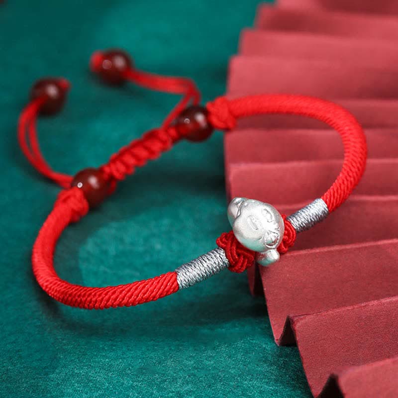 Bracelet en argent sterling 999 avec Buddha Stones et signe du zodiaque chinois, cordon rouge, force et chance