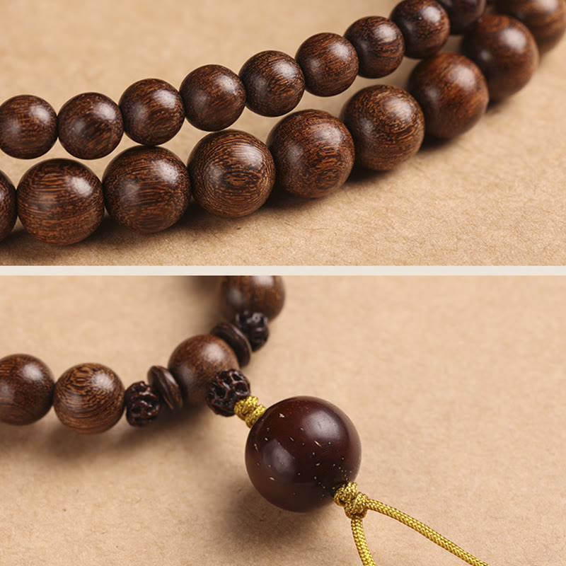 Bracelet double tour de purification en bois de santal et petites feuilles de bois de santal rouge et pierres de Buddha Stones
