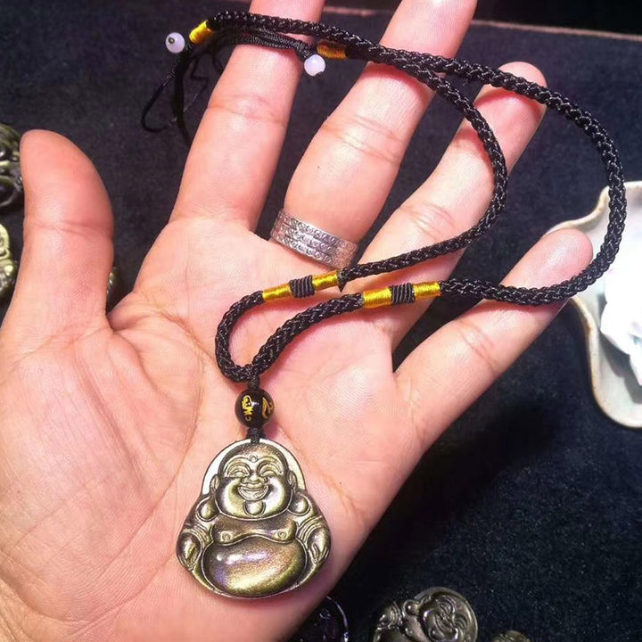 Buddha Stones Bouddha rieur Collier d'obsidienne à reflets d'or Pendentif de richesse - Chaîne - image 4