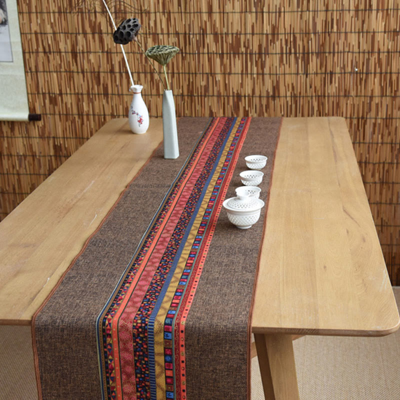 Chemin de table en coton et lin avec pompons, Buddha Stones, style chinois classique, lotus, poisson koï, fleur, grue, calligraphie, illumination