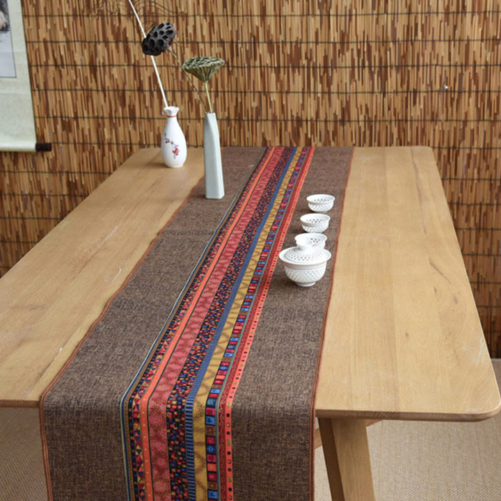 Chemin de table en coton et lin avec pompons, Buddha Stones, style chinois classique, lotus, poisson koï, fleur, grue, calligraphie, illumination