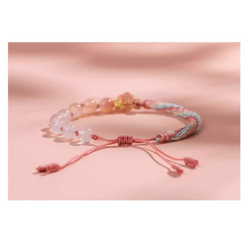 Bracelet en corde fait main avec Buddha Stones en agate naturelle dégradée et nœud de réincarnation en fleur de pêcher