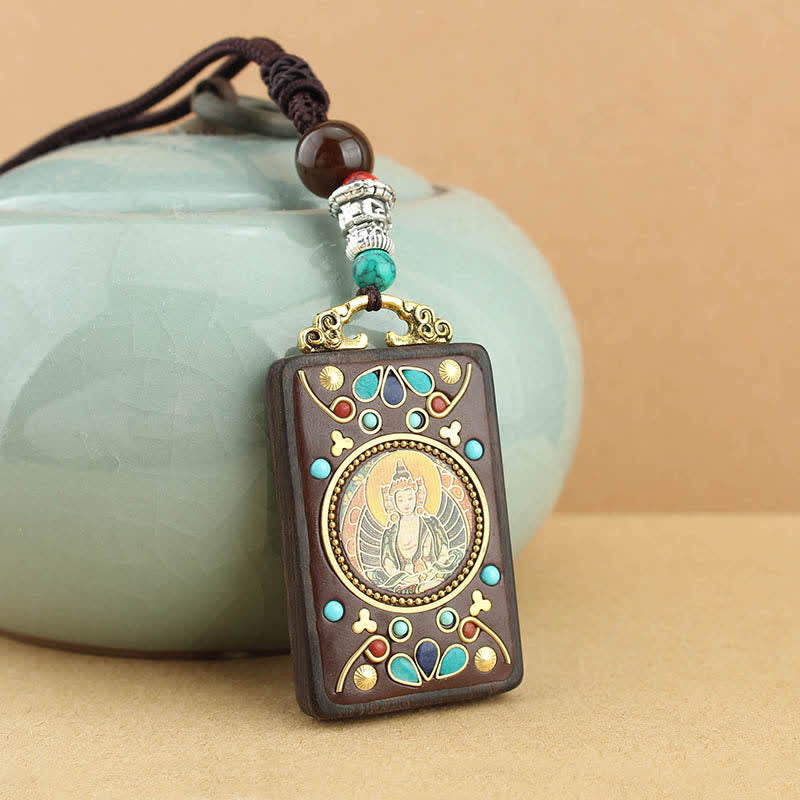 Collier pendentif en ébène Thangka Buddha Stones Tibet Dieu de la richesse