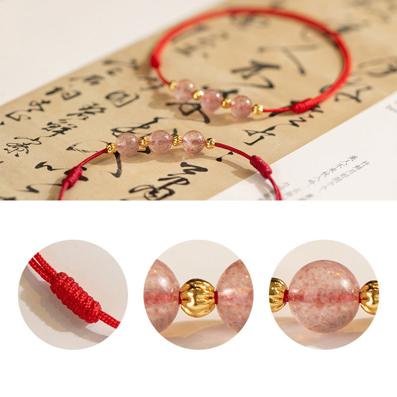 Bracelet de cheville en fil rouge avec perles en cristal de fraise et Buddha Stones
