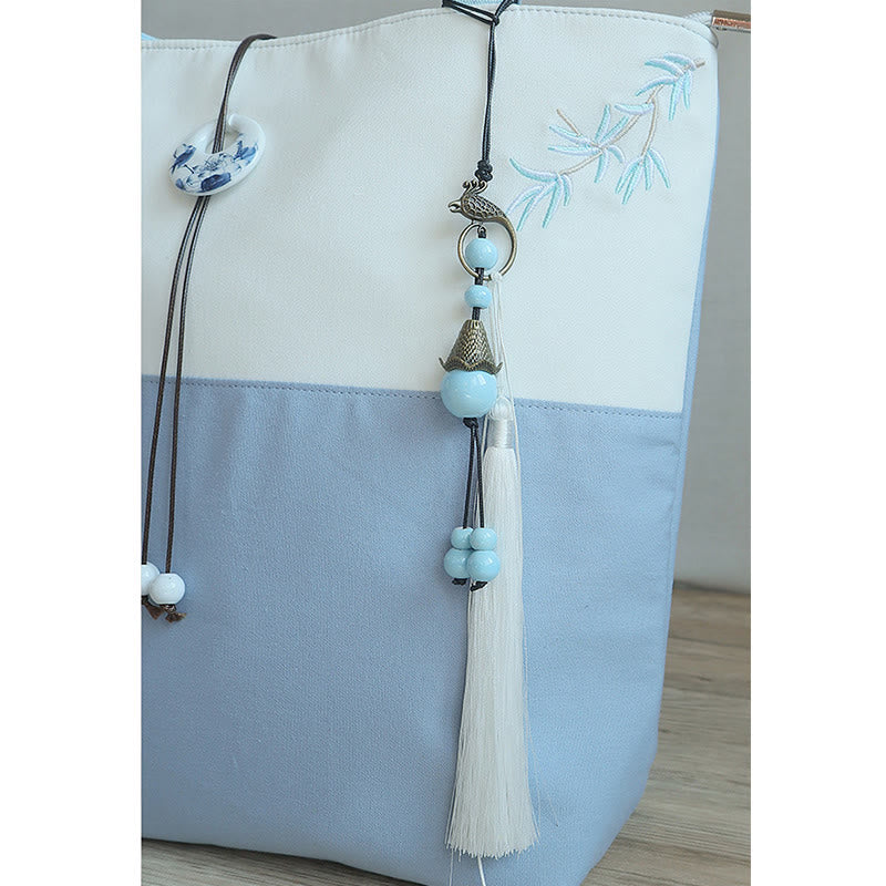 Sac à bandoulière en toile brodée de bambou avec fleur de poire, prunier, fleur de pêcher, grande capacité, sac fourre-tout