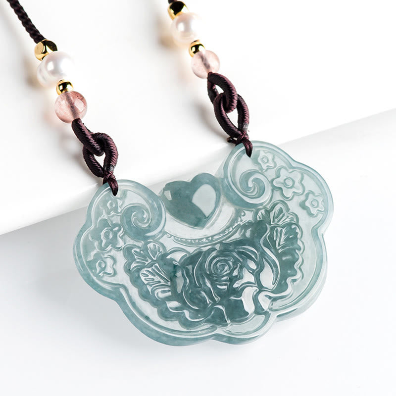 Collier pendentif fleur de pivoine en jade naturel de Buddha Stones Lock of Good Wishes Prosperity