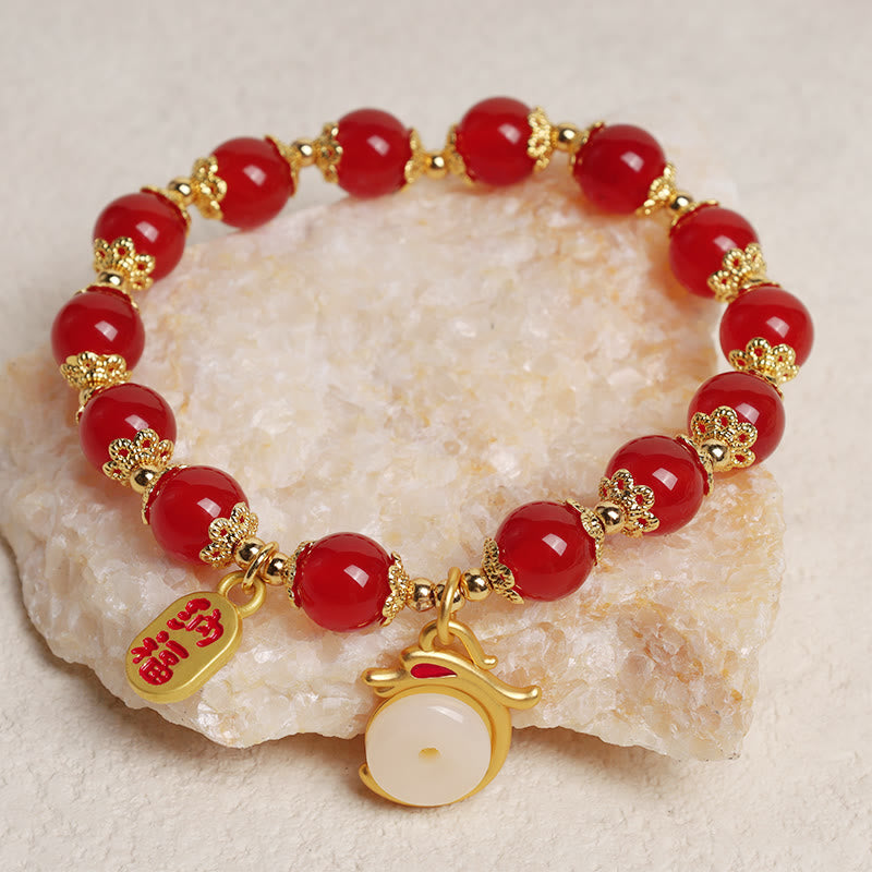 Bracelet porte-bonheur avec boucle de paix et personnage Fu en agate rouge et aventurine verte de l'année du Buddha Stones