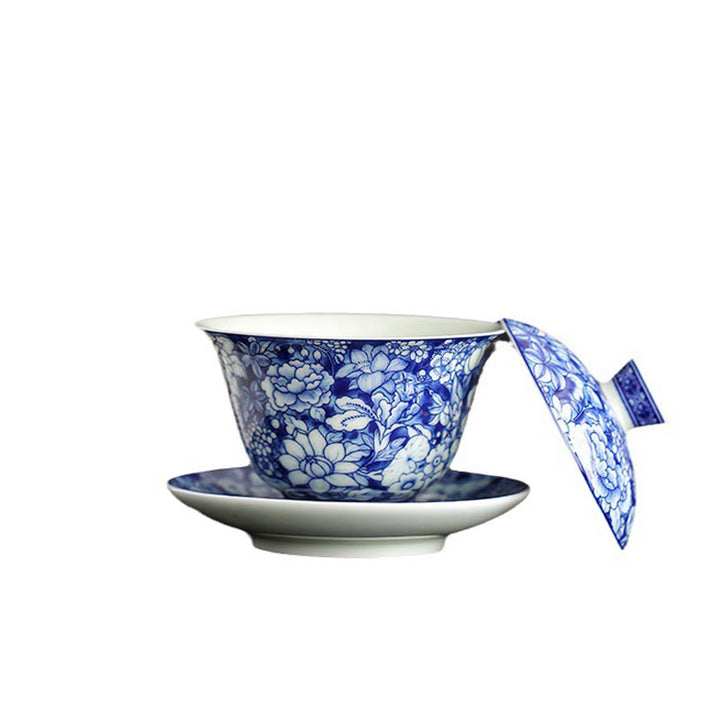 Tasse à thé et soucoupe en porcelaine bleue et blanche vintage en céramique Gaiwan Sancai Kung Fu avec couvercle