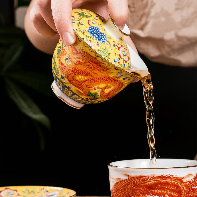 Tasse à thé en céramique Gaiwan Sancai avec motif de fleurs et de dragons Buddha Stones Kung Fu et soucoupe avec couvercle
