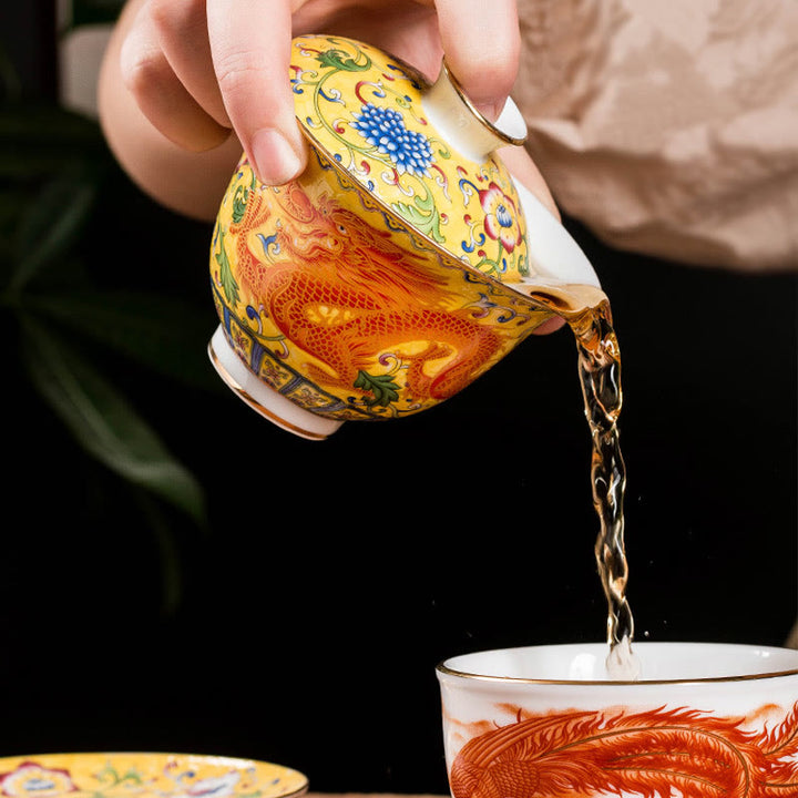 Tasse à thé en céramique Gaiwan Sancai avec motif de fleurs et de dragons Buddha Stones Kung Fu et soucoupe avec couvercle