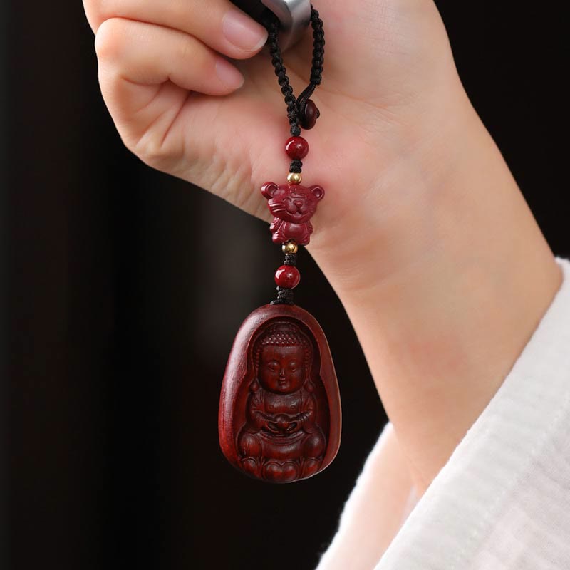 Porte-clés de protection en Buddha Stones en bois de santal rouge à petites feuilles, amulette du zodiaque chinois en cinabre