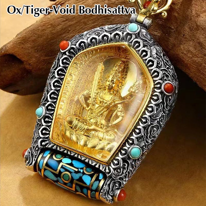 Collier avec pendentif en perles Dzi rotatives du zodiaque chinois tibétain Thangka Bouddha de la prospérité