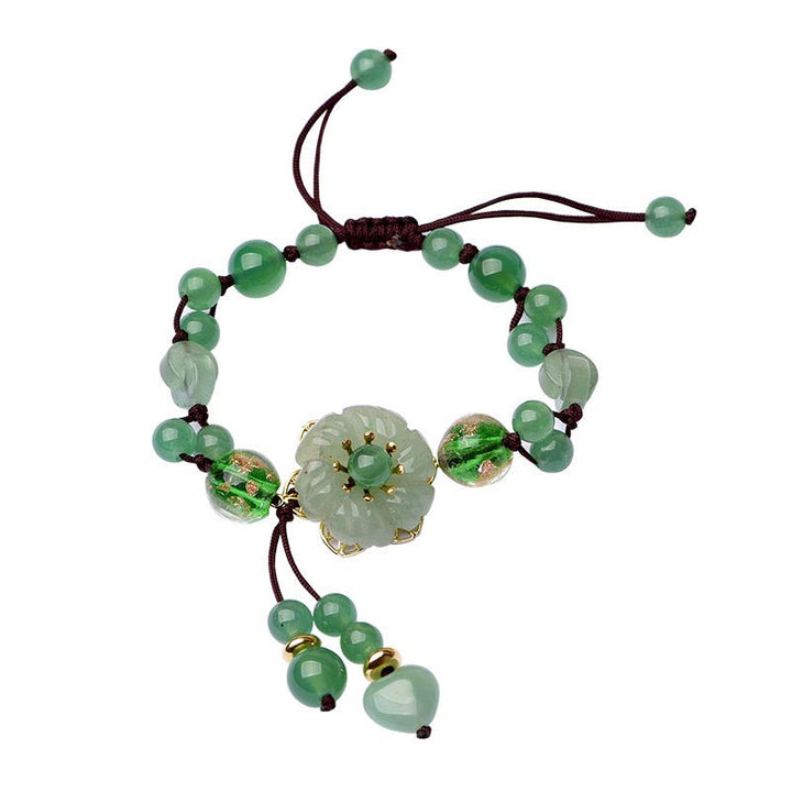 Bracelet porte-bonheur en jade vert naturel Buddha Stones et fleur pendante