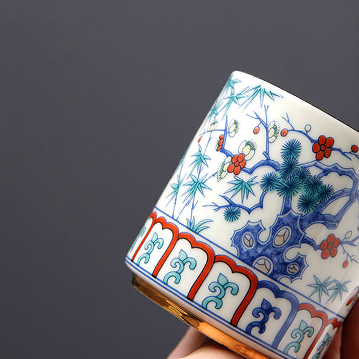 Buddha Stones Vintage Fleur de Prunier Pin Bambou Phénix Kirin Lion Dansant Tasse à Thé en Céramique Tasses à Thé