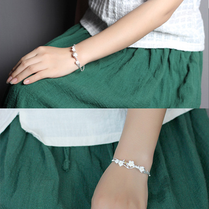 Bracelet réglable en argent sterling 925 Buddha Stones et fleur de prunier