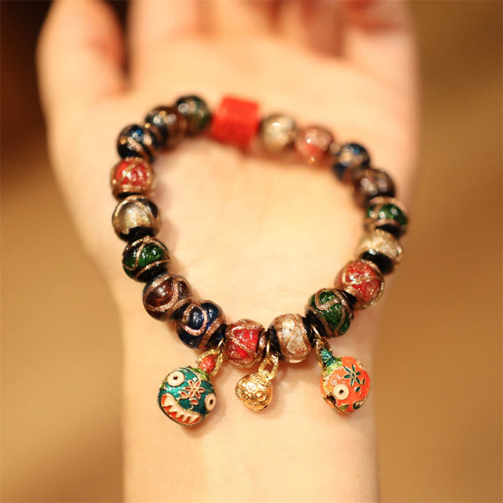 Bracelet de perles de fortune Thangka Tibétain en or représentant la famille des cinq dieux de la richesse