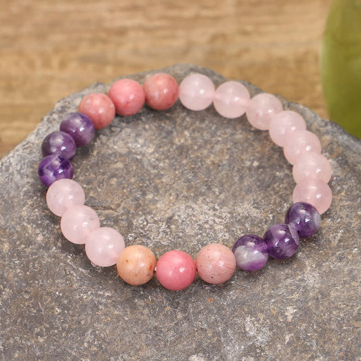 Bracelet de guérison spirituelle à pampilles en améthyste et quartz rose avec 108 perles de Mala Buddha Stones