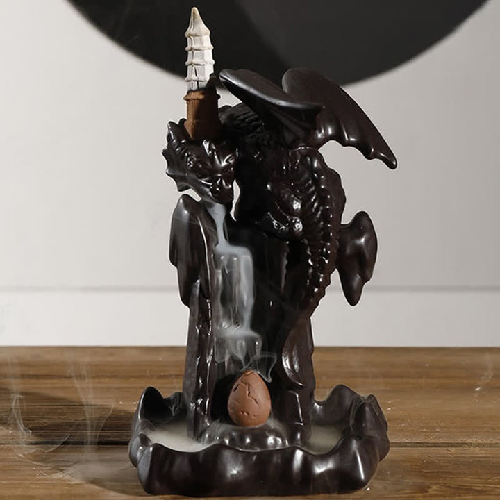 Fontaine à fumée à refoulement en céramique avec dragon nordique, brûleur d'encens de guérison et de méditation, décoration à boule LED