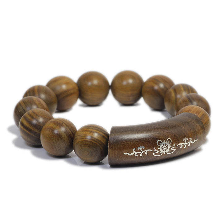 Bracelet de paix incrusté de Buddha Stones en argent sterling 999 et bois de santal vert Om Mani Padme Hum Dragon Phoenix Dharmachakra