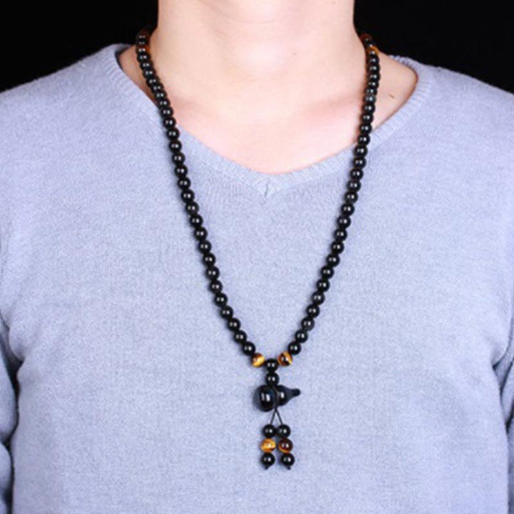 Bracelet Mala en obsidienne noire naturelle avec Buddha Stones et gourde arc-en-ciel