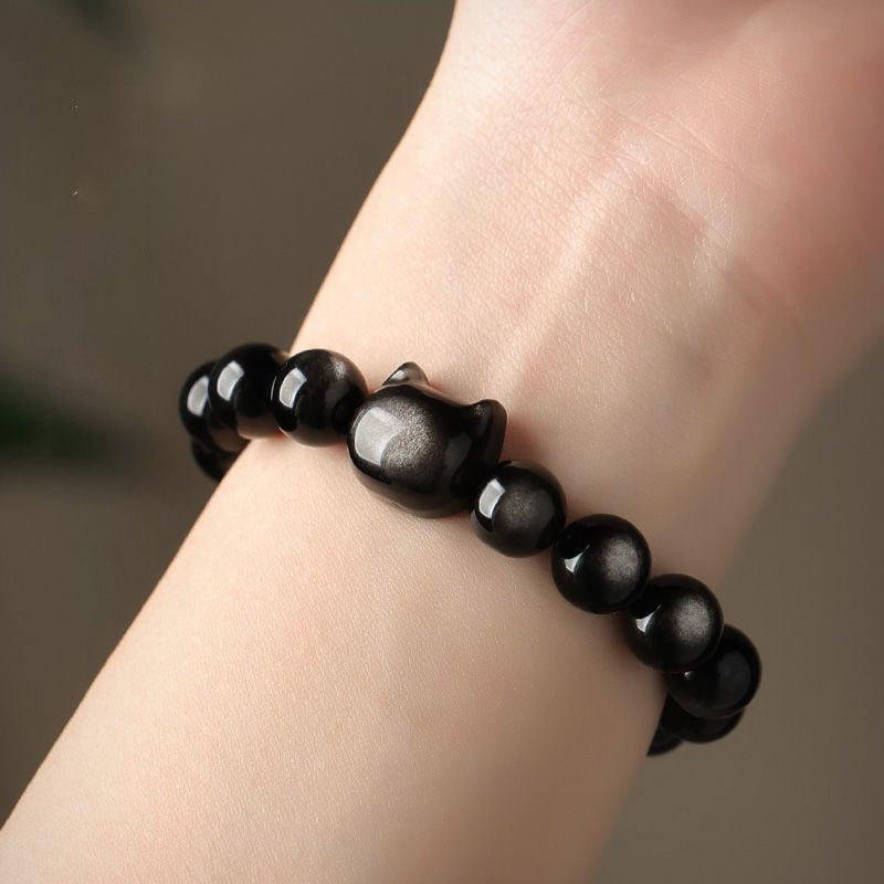 Bracelet de protection porte-bonheur en obsidienne dorée et argentée avec Buddha Stones et jolie patte de chat porte-bonheur - image 17
