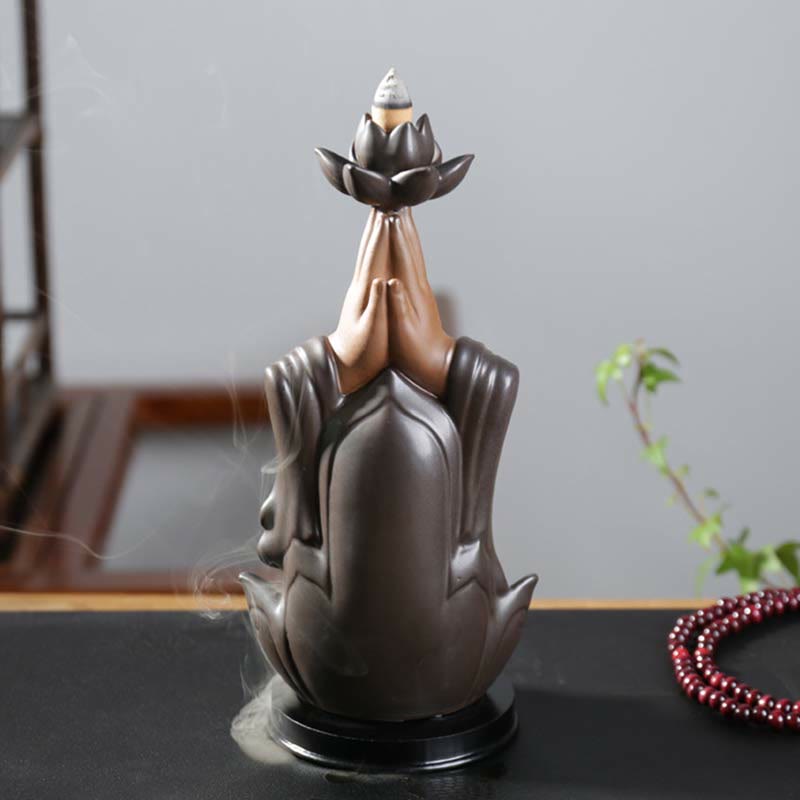 Brûleur d'encens à reflux en céramique Bouddha Avalokitesvara Chenrezig Ksitigarbha avec bénédiction du lotus