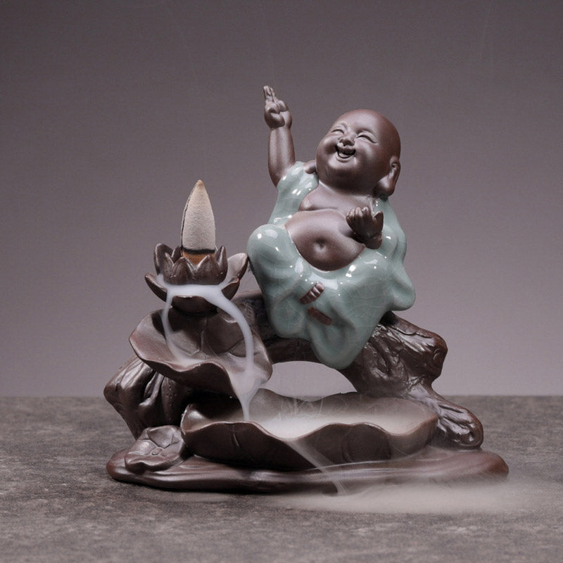 Brûleur d'encens en céramique avec bénédiction de lotus et petit moine en Buddha Stones
