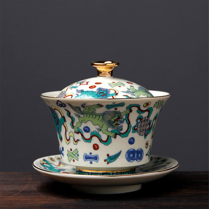 Buddha Stones Rétro Fleur de Prunier Pin Bambou Phénix Kirin Céramique Gaiwan Sancai Tasse à Thé Kung Fu Tasse à Thé et Soucoupe avec Couvercle