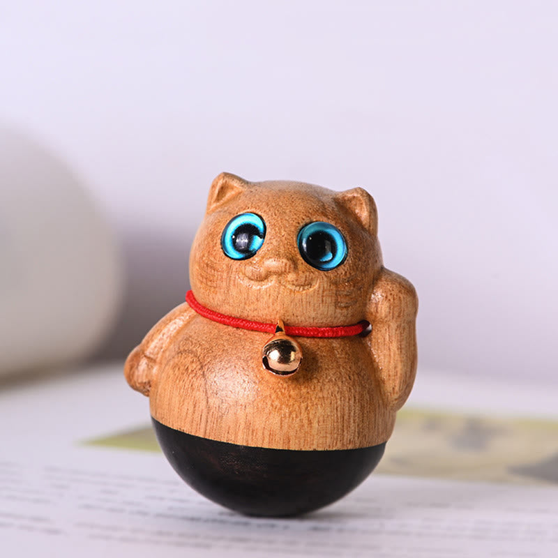 Buddha Stones Mini Chaton Porte-Bonheur Phoebe Zhennan Décoration de Bénédiction en Bois - 3,5*4,4 cm - image 1